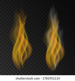 Kerzen- oder Streichflamme. Weißer Rauch und Feuer einzeln auf transparentem Hintergrund.  Dampfexplosionseffekt.  Realistische Vektorsäule der feuernebelnden Textur.
