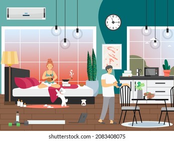 Candle meditation, coffee. Young couple daily morning routine, everyday life, daily habits, vector illustration.