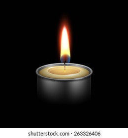 Candle in the Metal Candlestick Flame Fire Light. Realistic Vector Illustration Isolated on Black Background