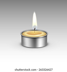 Candle in the Metal Candlestick Flame Fire Light. Realistic Vector Illustration Isolated on Background