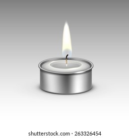 Candle in the Metal Candlestick Flame Fire Light. Realistic Vector Illustration Isolated on Background