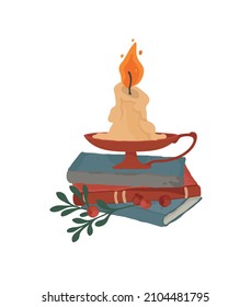 A candle in a metal candlestick for winter comfort. A stack of books, a cozy winter garden. Vector colorful element on a white background. 