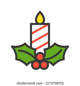 Candle And Mistletoe, Merry Christmas Related Icon Set, Filled Outline Design Editable Stroke