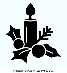 Candle with mistletoe solid icon. Decoration of berry, leaves and wax suppository. Christmas vector design concept, glyph style pictogram on white background, use for web and app. Eps 10