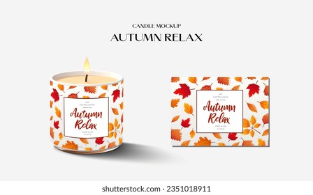 Candle mockup template. Autumn mood label with fall leaves