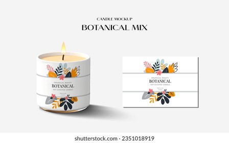 Candle mockup template. Botanical mix of leaves and herbs on the label