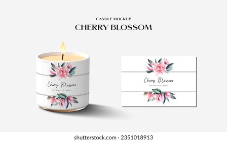 Plantilla de simulación de velas. Flor de cerezo en la etiqueta