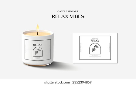 Plantilla de simulación de velas. Esquema de etiqueta minimalista con flor