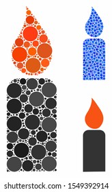 Candle mosaic of spheric dots in different sizes and color tones, based on candle icon. Vector dots are grouped into blue illustration. Dotted candle icon in usual and blue versions.