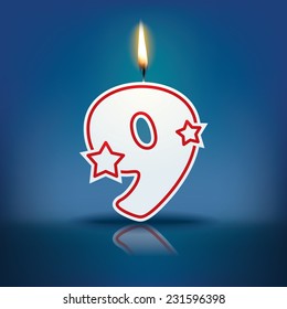 Candle number 9 with flame - eps 10 vector illustration