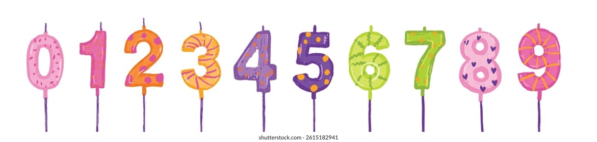 Candle number birthday cake digit set vector hand drawn celebration wax postcard decoration age sign. Kids party holiday design elements, colorful date symbol, pencil texture. Greeting candle number