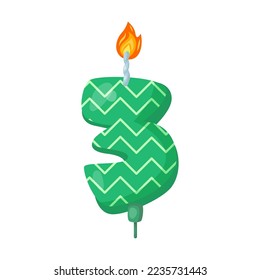 Candle with number for birthday cake vector illustration. Cartoon drawings of candles with number three. Celebration, decoration concept