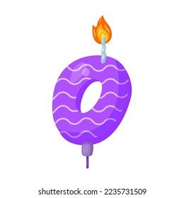 Candle with number for birthday cake vector illustration. Cartoon drawings of candles with number zero. Celebration, decoration concept