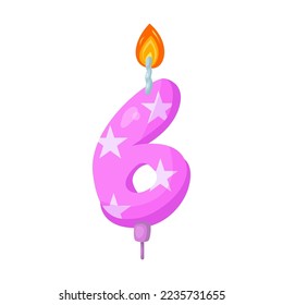 Candle with number for birthday cake vector illustration. Cartoon drawings of candles with number six. Celebration, decoration concept