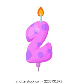 Vela con número para la ilustración vectorial del pastel de cumpleaños. Dibujos de dibujos animados de velas con el número dos. Celebración, concepto de decoración