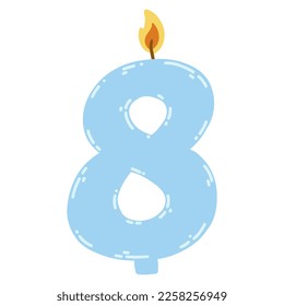 Candle number eight in flat style. Hand drawn vector illustration of 8 symbol burning candle, design element for birthday cakes.