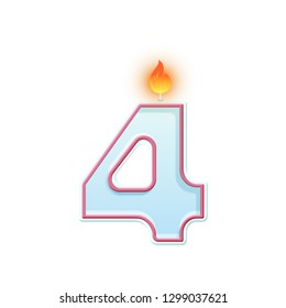 Candle number four. 4 symbol. Burning candle. Cartoon realistic vector candle number for Birthday cakes