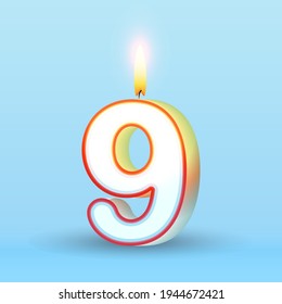 Candle number nine. 9 symbol. Burning candle. realistic style vector, candle number for Birthday cakes