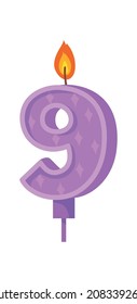 Candle number nine. Event 9 yers, surprise with fire, cartoon vector image isolated on white background
