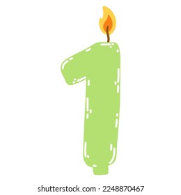 Vela número uno de estilo plano. Ilustración vectorial dibujada a mano de 1 vela de quema de símbolos, elemento de diseño para pasteles de cumpleaños