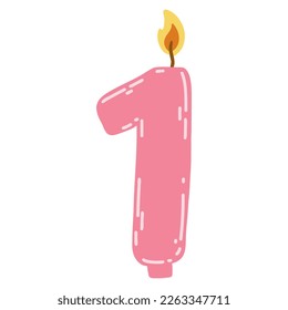 Candle number one in flat style. Hand drawn vector illustration of 1 symbol burning candle, design element for birthday cakes.