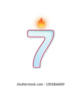 Candle number seven. 7 symbol. Burning candle. Cartoon realistic vector candle number for Birthday cakes