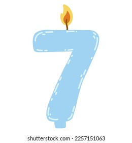 Candle number seven in flat style. Hand drawn vector illustration of 7 symbol burning candle, design element for birthday cakes.