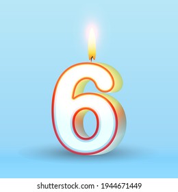 Candle number six. 6 symbol. Burning candle. realistic style vector, candle number for Birthday cakes