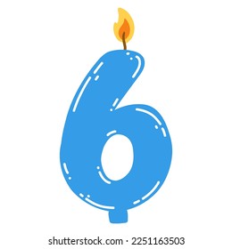 Candle number six in flat style. Hand drawn vector illustration of 6 symbol burning candle, design element for birthday cakes