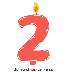 Kerze Nummer zwei im flachen Stil. Handgezeichnete Vektorgrafik von 2 Symbol für brennende Kerze, Design-Element für Geburtstagskuchen