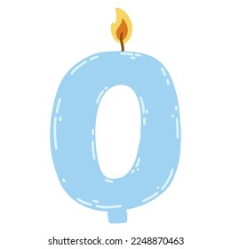 Candle number zero in flat style. Hand drawn vector illustration of 0 symbol burning candle, design element for birthday cakes