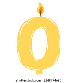 Candle number zero in flat style. Hand drawn vector illustration of 0 symbol burning candle, design element for birthday cakes