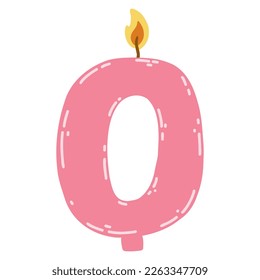 Candle number zero in flat style. Hand drawn vector illustration of 0 symbol burning candle, design element for birthday cakes.