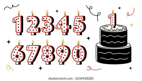 Candle numbers for cake. Birthday cute red icon set for party, invitation, decoration, anniversary event. Fun figures in flat style. Vector illustration isolated on a white background
