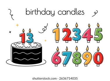 Candle numbers for cake. Birthday cute color icon set for party, invitation, decoration, anniversary event. Fun signs in cartoon style. Vector illustration isolated on a white background