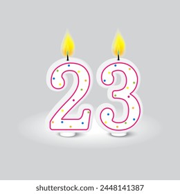 Candle numbers two three alight. Celebratory mood enhancer. Cheerful dot pattern. Vector illustration. EPS 10.