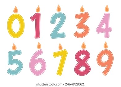 Candle numbers vector illustration set. Colorful birthday cake topper elements in cute flat cartoon style.