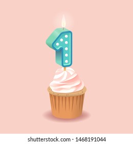 Candle Numder 1 On A Pink Background. Set For Candy Bar. Font For Happy Birthday Celebration. Realistic Collection for Children's Party. Baby Shower. Muffin With Candle. 3D Sweet Alphabet
