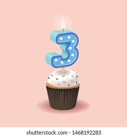 Candle Numder 3 On A Pink Background. Set For Candy Bar. Font For Happy Birthday Celebration. Realistic Collection for Children's Party. Baby Shower. Muffin With Candle. 3D Sweet Alphabet