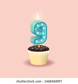 Candle Numder 9 On A Pink Background. Set For Candy Bar. Font For Happy Birthday Celebration. Realistic Collection for Children's Party. Baby Shower. Muffin With Candle. 3D Sweet Alphabet
