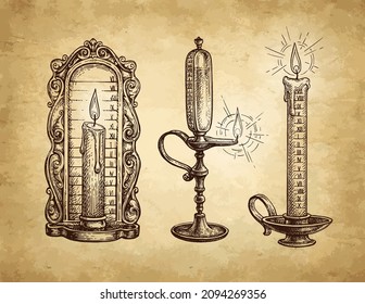 Candle and oil lamp clocks. Ink sketch on old paper background. Hand drawn vector illustration. Vintage style stroke drawing.