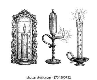 Candle and oli lamp clock. Ink sketch isolated on white background. Hand drawn vector illustration. Retro style.