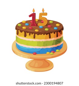 Candle on birthday cake with 15 number age. Festive dessert burning number shaped candle cartoon vector illustration