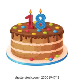 Candle on birthday cake with 18 number age. Festive dessert burning number shaped candle cartoon vector illustration