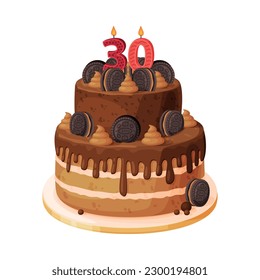 Candle on birthday cake with 30 number age. Festive dessert burning number shaped candle cartoon vector illustration