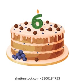 Candle on birthday cake with 6 number age. Festive dessert burning number shaped candle cartoon vector illustration