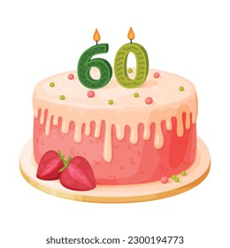 Candle on birthday cake with 60 number age. Festive dessert burning number shaped candle cartoon vector illustration