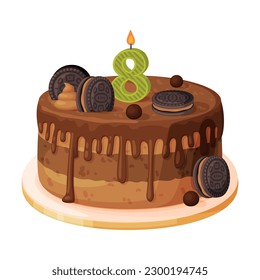 Vela en torta de cumpleaños con ocho años. Dibujo vectorial del número de quema de postres festivos en forma de vela