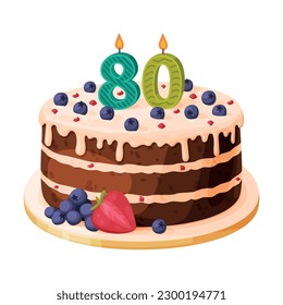 Candle on birthday cake with 80 number age. Festive dessert burning number shaped candle cartoon vector illustration