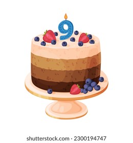 Candle on birthday cake with 9 number age. Festive dessert burning number shaped candle cartoon vector illustration